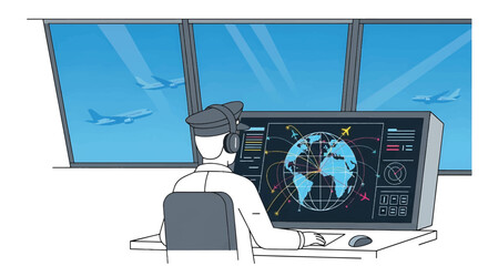 Air traffic controller sitting at a desk with a large screen displaying a world map and aircraft tracking data in front of a window showing flying