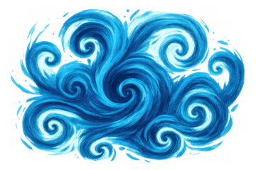 Blue water waves whirlpool creating abstract ocean splash pattern on transparent background
