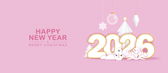 Greeting banner in paper cut style with Christmas trees and toys on pink background. Vector background for New Year.