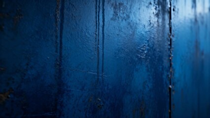 Close-up of a weathered blue metal surface with vertical streaks and moisture