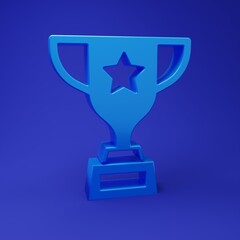 Blue Award cup icon isolated on blue background. Winner trophy symbol. Championship or competition trophy. Sports achievement sign. Minimalism concept. 3D render illustration