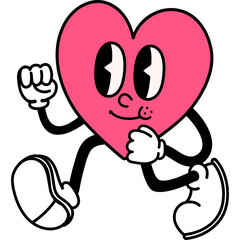 Pink Heart Character in Retro Animation Style with Black Outline and White Gloves Walking with White Shoes and Black Pants on Transparent Background