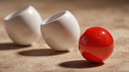 Abstract composition with red sphere and two white objects on textured surface