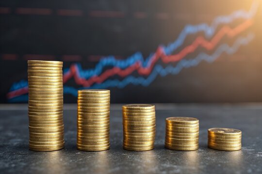 Golden coins stacked in descending order symbolizing financial decline with a blurred stock market graph showing a downward trend in the background