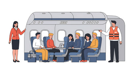 Illustration of a flight attendant and pilot greeting passengers inside an airplane cabin with a welcoming gesture.