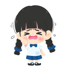Sad crying student girl vector illustration. Unhappy cartoon character in school uniform. Bullying, anxiety, and childhood sadness concept.