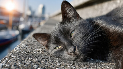 Close-up of a sleepy black cat with green eyes relaxing on a stone wall in the sunlight. Blurred background shows a marina and city. Perfect for pet, urban, and animal lifestyle concepts