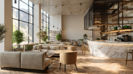 Luxurious and modern restaurant or hotel lobby interior with mountain views, a marble bar, and plush seating. Ideal for hospitality, real estate, and alpine luxury concepts