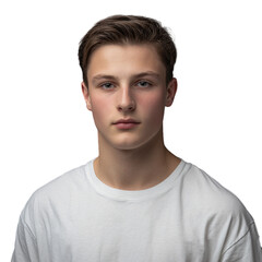 Isolated portrait of confident teenage boy with light skin and styled brown hair in white t-shirt on transparent background
