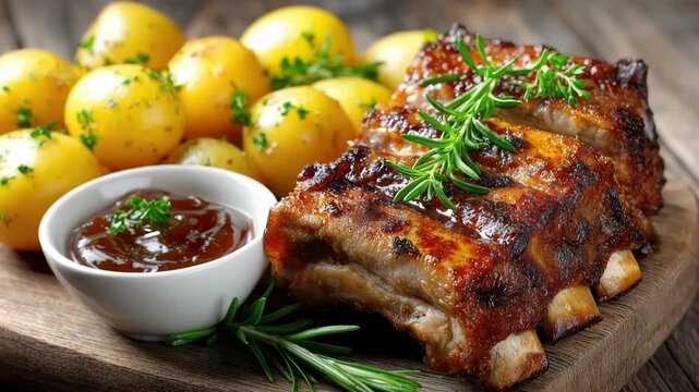 Roasted Norwegian pork ribs, known as ribbe, present a traditional Christmas dish with crispy skin, fresh rosemary, chives, small potatoes, and a side of yellow sauce