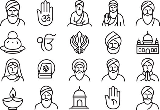 Collection of sikhism icons isolated on white background, showcasing symbols, figures, and cultural elements associated with the sikh faith and traditions