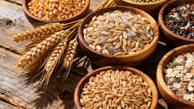 Assorted grains and cereals displayed in wooden bowls on a rustic wooden surface