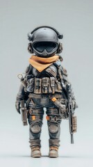 A highly detailed toy soldier figure standing upright against a plain white studio background, wearing a helmet, goggles, an orange scarf, and extensive tactical gear including pouches and a rifle.
