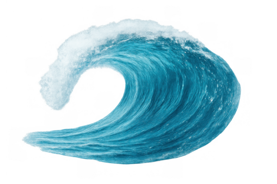 Powerful blue ocean wave cresting and splashing with white foam, clean water movement on transparent alpha background