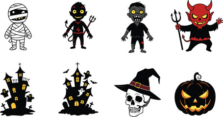 Halloween cartoon illustrations, mummy, devil, zombie, haunted house, skull, pumpkin, spooky icons, festive theme, colorful style, eerie vibe