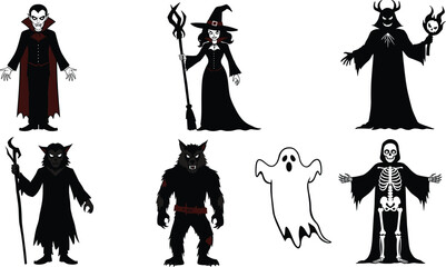 Halloween character illustrations, vampire, witch, demon, werewolf, ghost, skeleton, warlock, spooky icons, horror theme, glowing eyes, eerie vibe