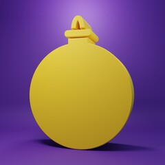 Yellow Christmas ball icon isolated on purple background. Merry Christmas and Happy New Year. Minimalism concept. 3D render illustration