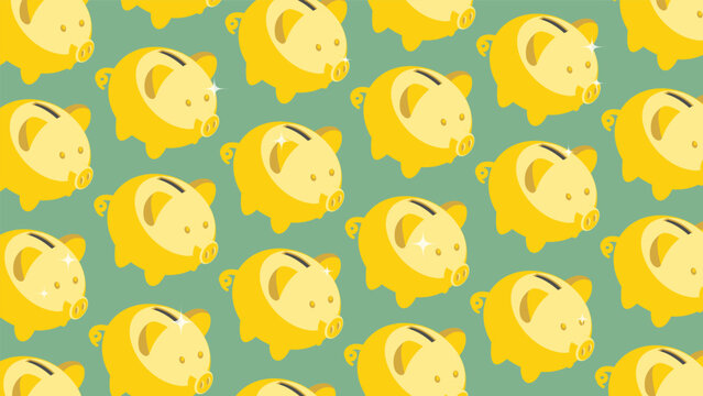 Isometric green money cloth lined with neat rows of golden piggy banks for money and luck. Backdrop for advertising of banking services. 3D vector background top view at an angle