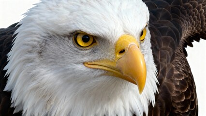 Fototapeta premium Close-up of a bald eagle with intense yellow eyes and white head feathers