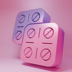 Purple-pink Pills in blister pack icon isolated on pink background. Medical drug package for tablet, vitamin, antibiotic, aspirin. Minimalism concept. 3D render illustration