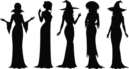 Halloween dress silhouettes, witch costume, ghostly gown, fantasy fashion, spooky icons, black shapes, eerie vibe, character styling, costume design