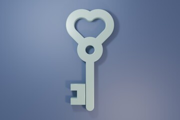 Grey Key in heart shape icon isolated on purple-blue background. Valentines day. Minimalism concept. 3D render illustration