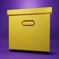 Yellow Carton cardboard box icon isolated on purple background. Box, package, parcel sign. Delivery and packaging. Transportation and shipping. Minimalism concept. 3D render illustration