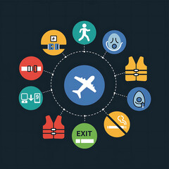 Infographic of airport safety features and travel icons surrounding an airplane symbol on a dark background.