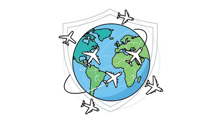 Illustration of a globe surrounded by airplanes and a shield on a white background