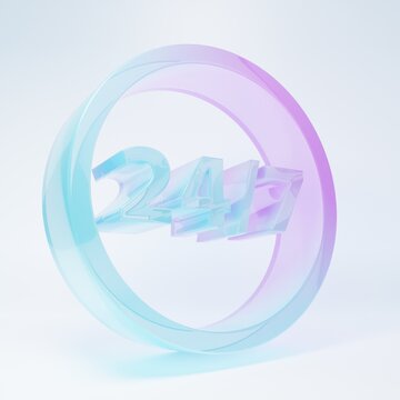 Frosted glass Clock 24 hours icon isolated on white background. All day cyclic icon. 24 hours service symbol. Minimalism concept. 3D render illustration