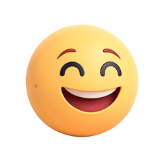 Fototapeta premium Joyful yellow smiley face emoji with wide open mouth laughing and closed eyes isolated on transparent background