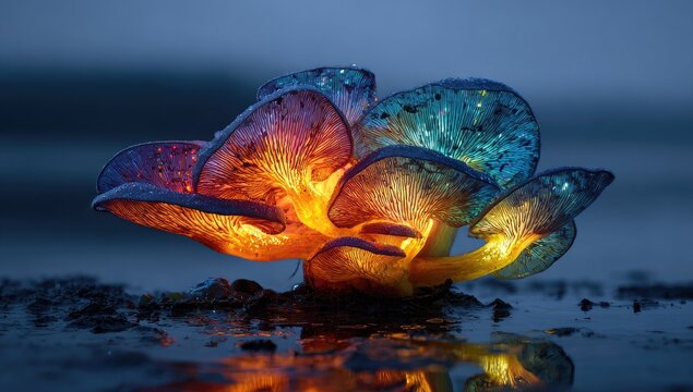 Luminous fungi glows, vivid light. Nighttime setting - Powered by Adobe