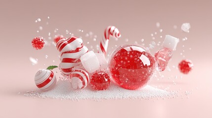 A delightful arrangement of red and white striped candies, sugar snow, and sparkling elements creates a festive and sweet composition on a soft pink backdrop, evoking a sense of holiday cheer.