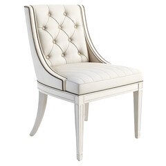 Elegant tufted upholstered dining chair with white wooden legs isolated on transparent background