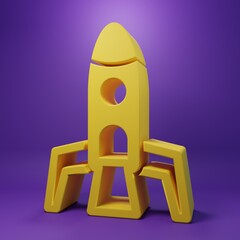 Yellow Rocket ship icon isolated on purple background. Space travel. Minimalism concept. 3D render illustration