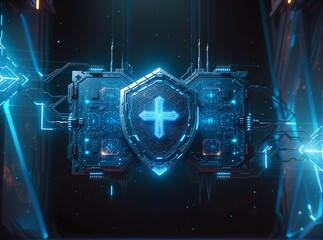 Futuristic blue cyber-shield with glowing cross emblem, surrounded by intricate circuitry and floating data streams in a dark, high-tech digital realm.