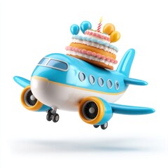 A whimsical blue airplane carries a tiered birthday cake with candles and balloons