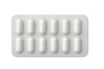 White pills in blister package for healthcare, pharmacy, medication, and treatment concepts, transparent background