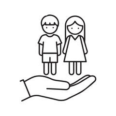 Children care linear icon. Boy and girl on a supportive hand. Thin line symbol for child protection, welfare, adoption, and social services.
