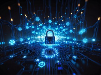 A futuristic digital landscape with glowing blue circuitry and hexagonal nodes, centered around a radiant padlock symbolizing cybersecurity protection in a high-tech network environment.