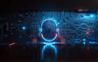A futuristic circuit board features a glowing, neon-blue fingerprint scanner at its center, surrounded by intricate electronic pathways and components  symbolizing advanced biometric security technolo