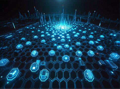 A futuristic, cybernetic landscape featuring glowing blue hexagonal nodes arranged in a grid pattern on a dark surface, with vertical data streams and radiant light sources creating an immersive digit