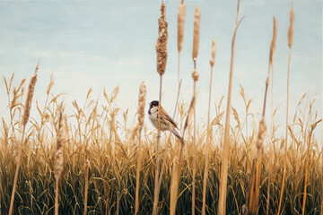 Small bird perched on tall grass stalk in a field