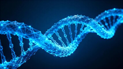 Blue digital representation of a DNA double helix structure against a dark background