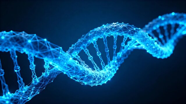 Blue digital representation of a DNA double helix structure against a dark background