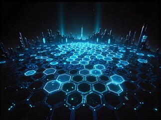 Obraz premium A futuristic, cybernetic landscape with glowing blue hexagonal grids stretching toward a neon-lit city skyline under dark skies. The scene evokes advanced technology and digital architecture in a sci-