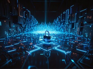 A futuristic digital corridor glows with blue neon circuits, centered around a glowing padlock symbolizing cybersecurity and data protection in a high-tech server environment.