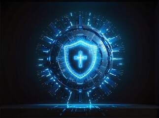 A futuristic, glowing blue shield emblem radiates energy in a digital circuit design  symbolizing advanced cybersecurity or tech protection with sleek, sci-fi aesthetics.