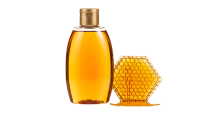 Honey bottle with honeycomb isolated on transparent background