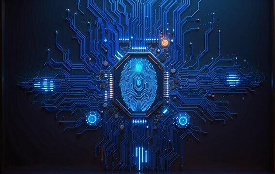 A futuristic, glowing blue circuit board with intricate neon pathways radiating from a central hexagonal processor core, surrounded by digital components and pulsing light effects  symbolizing advance